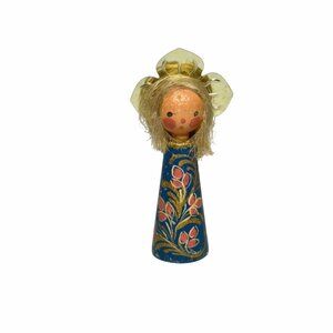 Miniature Folk Art Hand-Painted Wood Angel Figurine Tin Halo